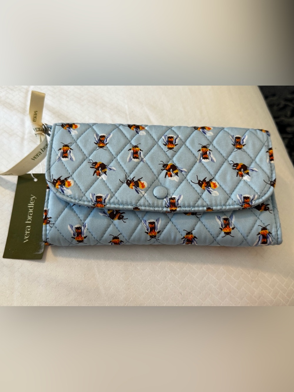 Vera Bradley Quilted Light Blue Bee Print Crossbody Wallet/Detachable Strap
